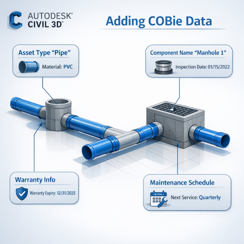 كيفية إضافة بيانات COBie في Civil 3D في 2026 1 إضافة بيانات COBie في Civil 3D إلى الأنابيب وغرف التفتيش في Autodesk Civil 3D.