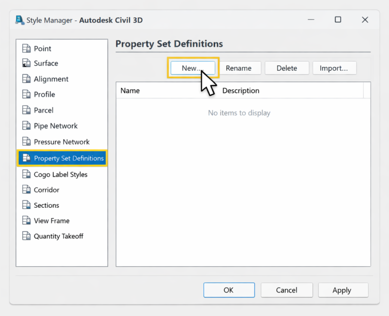 إنشاء Property Set Definition جديد من نافذة Style Manager في Autodesk Civil 3D لإضافة بيانات COBie في Civil 3D.