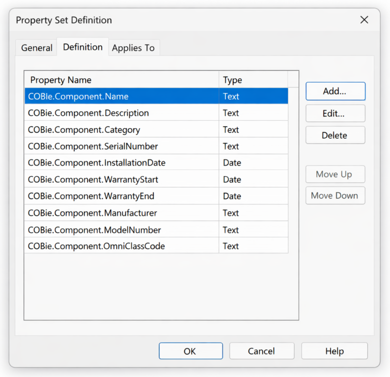 تعريف خصائص COBie Component داخل Property Set Definition في Autodesk Civil 3D.