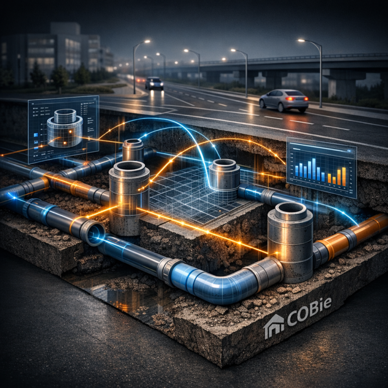 دليل بيانات COBie في Civil 3D لمشاريع البنية التحتية 2026 1 إضافة بيانات COBie إلى شبكة أنابيب وغرف تفتيش في Civil 3D ضمن نموذج بنية تحتية ذكي.