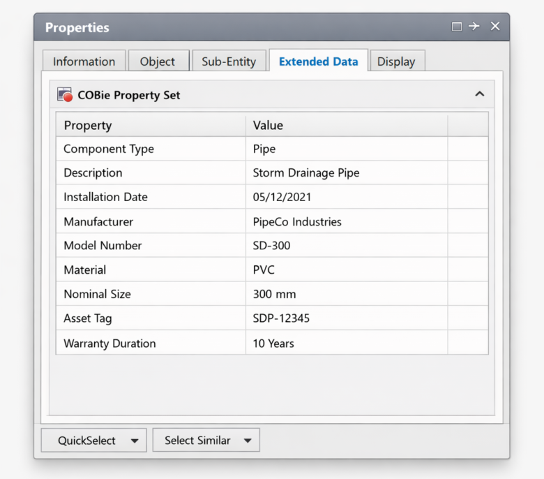 عرض بيانات COBie لأنبوب تصريف داخل تبويب Extended Data في Autodesk Civil 3D.