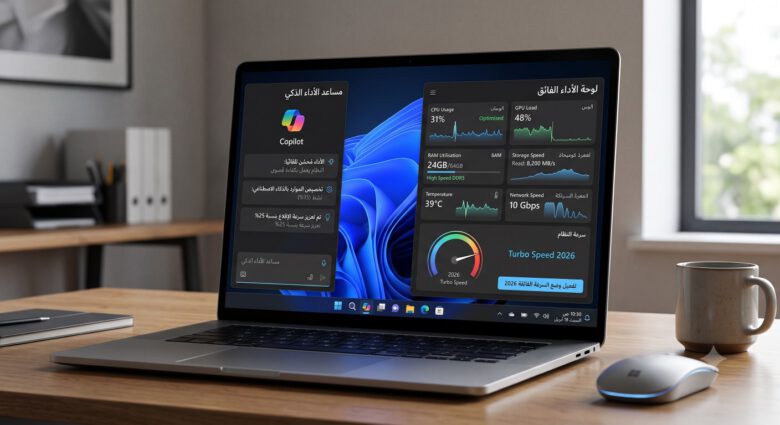 واجهة ويندوز 11 المتطورة في عام 2026 مع شاشة تعرض بيانات الأداء والذكاء الاصطناعي