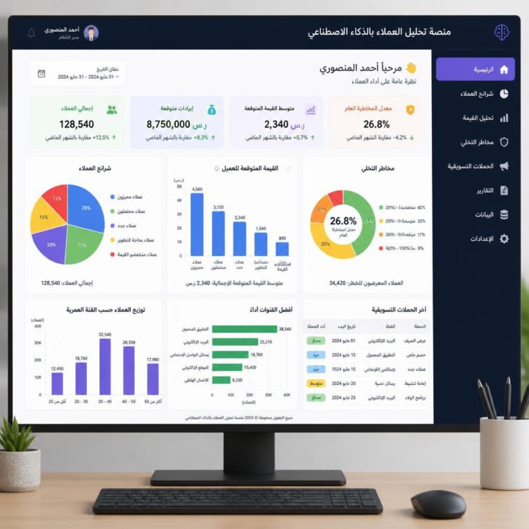 لوحة تحكم تحليلية تعرض تقسيم العملاء باستخدام الذكاء الاصطناعي مع رسوم بيانية للقيمة المتوقعة ومخاطر التخلي - كيفية استخدام الذكاء الاصطناعي في تطوير الأعمال