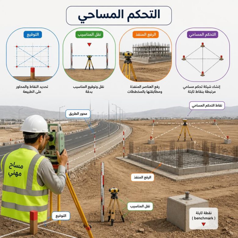 منهجية تنفيذ الأعمال المساحية باستخدام المحطة المتكاملة ونقاط التحكم