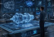 كيف تطور مهاراتك الهندسية في 2026: استراتيجيات متقدمة 4 مهندس يراجع مخططات هندسية مستقبلية مع عناصر ثلاثية الأبعاد