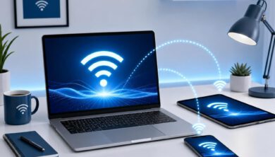 كيفية تحويل الكمبيوتر إلى نقطة اتصال واي فاي 8 كمبيوتر محمول يقوم ببث إشارة واي فاي إلى هاتف ذكي وجهاز لوحي، مما يوضح مفهوم تحويل الكمبيوتر إلى نقطة اتصال.