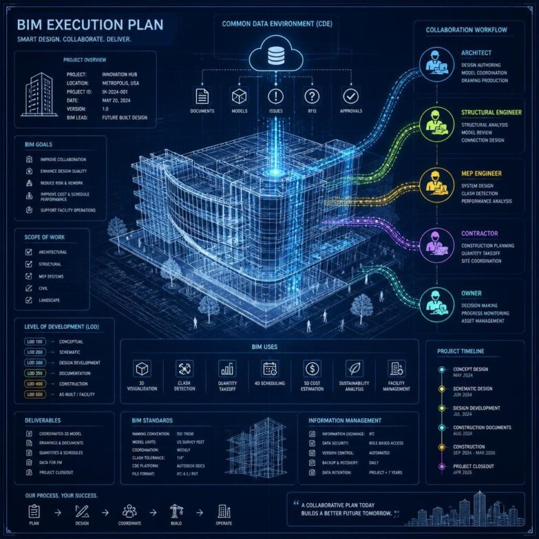 كيفية إعداد خطة تنفيذ BIM وفق ISO 19650: دليل BEP الشامل 1 مخطط رقمي مستقبلي يمثل خطة تنفيذ BIM مع تدفقات بيانات وأيقونات تعاون