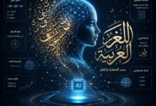 كيف تختار أفضل نموذج ذكاء اصطناعي للمقالات العربية؟ (دليل 2026) 7 تمثيل مرئي للذكاء الاصطناعي يعالج اللغة العربية، تظهر فيه شبكات عصبية مضيئة متداخلة مع خط عربي أنيق.