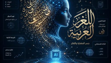 كيف تختار أفضل نموذج ذكاء اصطناعي للمقالات العربية؟ (دليل 2026) 2 تمثيل مرئي للذكاء الاصطناعي يعالج اللغة العربية، تظهر فيه شبكات عصبية مضيئة متداخلة مع خط عربي أنيق.