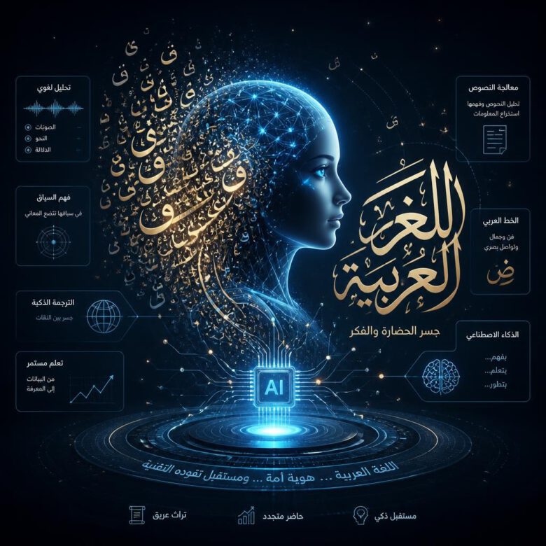 كيف تختار أفضل نموذج ذكاء اصطناعي للمقالات العربية؟ (دليل 2026) 1 تمثيل مرئي للذكاء الاصطناعي يعالج اللغة العربية، تظهر فيه شبكات عصبية مضيئة متداخلة مع خط عربي أنيق.