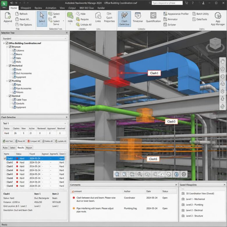 كيفية عمل Clash Detection في Navisworks: دليل تنسيق BIM في 2026 1 نموذج BIM يوضح تعارضات بين العناصر الإنشائية وأنظمة الخدمات