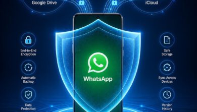 كيفية عمل نسخة احتياطية لواتساب: الدليل الشامل 2026 1 شعار واتساب محمي بدرع رقمي مع أيقونات جوجل درايف وآي كلاود في الخلفية، يرمز إلى أمان النسخ الاحتياطي.
