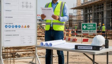 دليل إعداد Method Statement احترافي خطوة بخطوة 1 مهندس إنشائي يراجع مستند Method Statement احترافي في موقع بناء