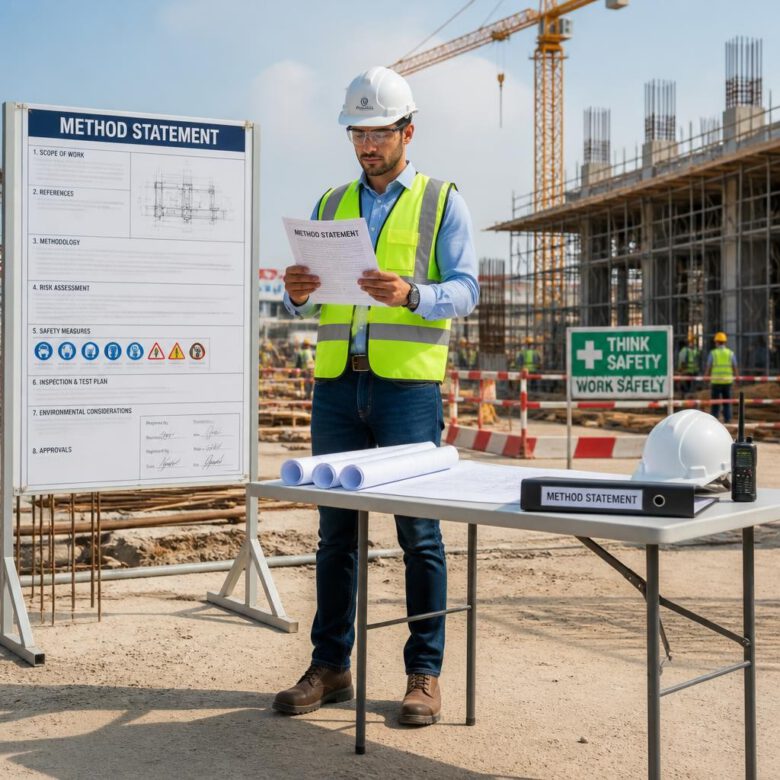 مهندس إنشائي يراجع مستند Method Statement احترافي في موقع بناء