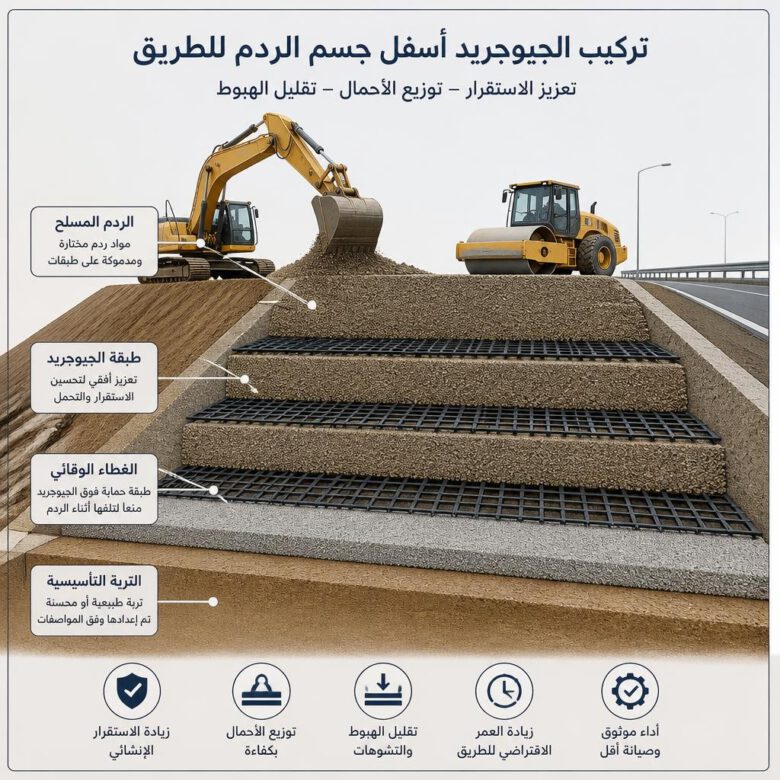 بيان طريقة تركيب الجيوجريد لتدعيم جسور الطرق 2026 1 مقطع توضيحي لتركيب الجيوجريد في جسر طريق مسلح