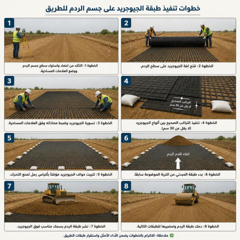 فرد ومحاذاة وتثبيت ألواح الجيوجريد قبل الردم - طريقة تركيب الجيوجريد لتدعيم جسور الطرق.