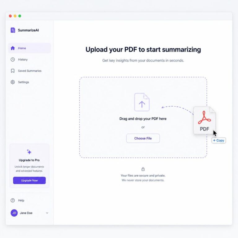 واجهة مستخدم لأداة تلخيص PDF تظهر عملية رفع الملف.