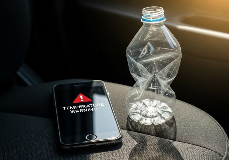 هاتف ذكي وزجاجة ماء بلاستيكية متأثرة بالحرارة داخل السيارة - أشياء لا يجب تركها في السيارة في الحر