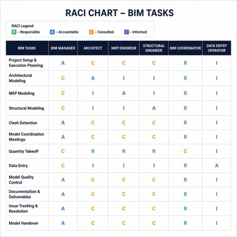مثال على مصفوفة المسؤوليات RACI لمهام BIM