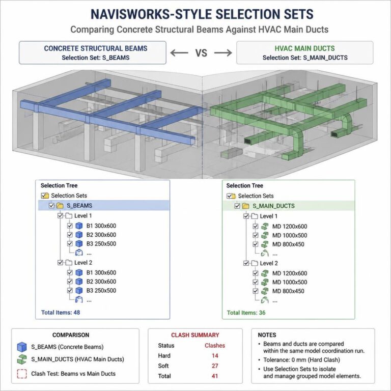 مجموعات اختيار تقارن الكمرات الخرسانية بالدكتات الرئيسية - كيفية عمل Clash Detection في Navisworks