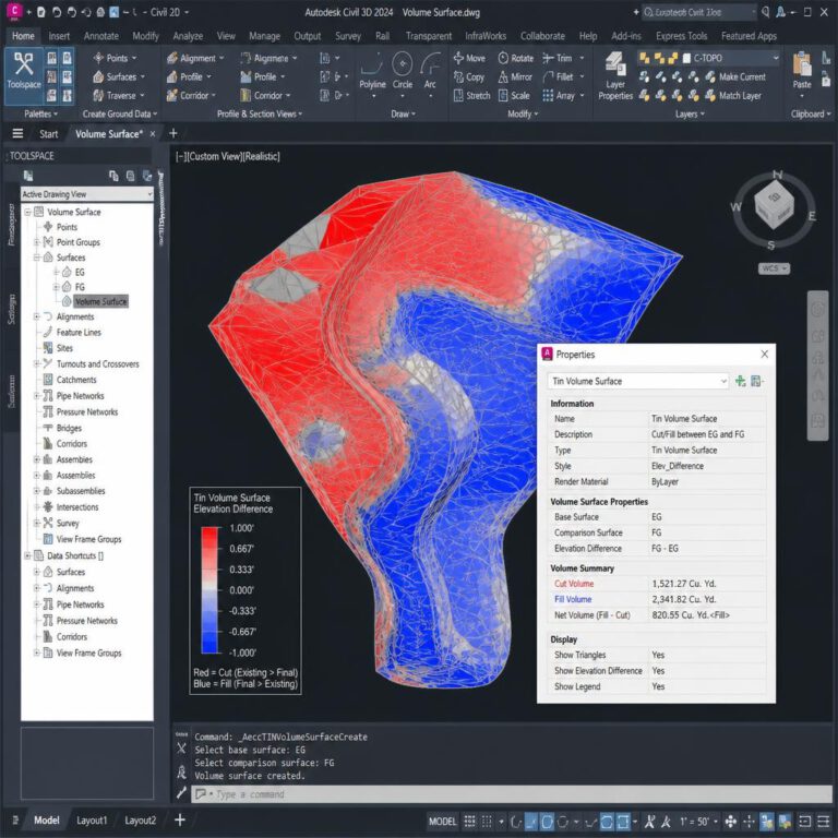 سطح حجوم (TIN Volume Surface) في برنامج Civil 3D يوضح مناطق الحفر والردم