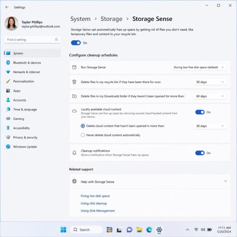 شاشة تفعيل وتخصيص إعدادات مستشعر التخزين (Storage Sense) في ويندوز.