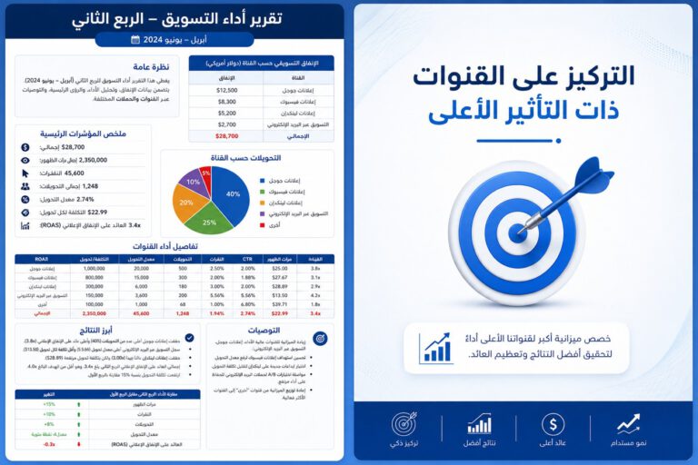 إنفوجرافيك عربي احترافي يوضح تقرير أداء التسويق للربع الثاني وتحليل القنوات الإعلانية الأعلى تأثيرًا والعائد على الإنفاق الإعلاني