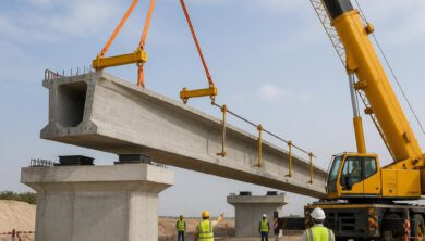 طريقة تركيب الكمرات الخرسانية مسبقة الإجهاد 2026 2 تركيب كمرة خرسانية سابقة الإجهاد باستخدام رافعة متحركة