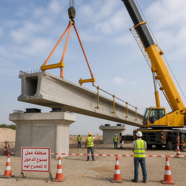 طريقة تركيب الكمرات الخرسانية مسبقة الإجهاد 2026 1 تركيب كمرة خرسانية سابقة الإجهاد باستخدام رافعة متحركة