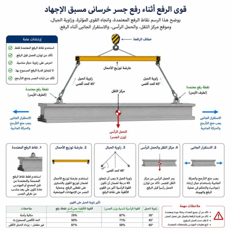 مخطط قوى رفع الكمرة سابقة الإجهاد وزوايا حبال الرفع - طريقة تركيب الكمرات الخرسانية مسبقة الإجهاد
