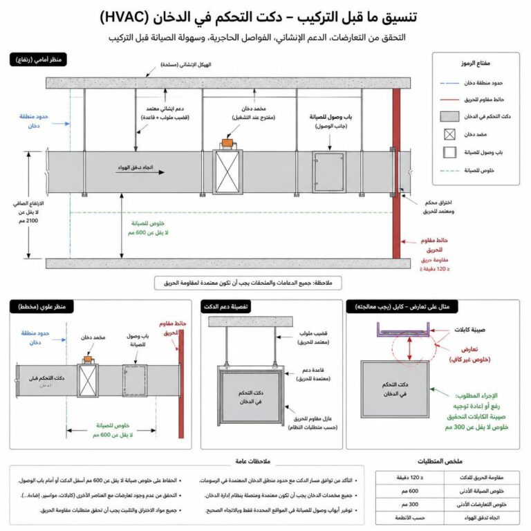 تنسيق مسارات مجاري التحكم بالدخان ومواقع الدَمْبَرات وفتحات الوصول - منهجية تنفيذ نظام التحكم بدخان مجاري التكييف.