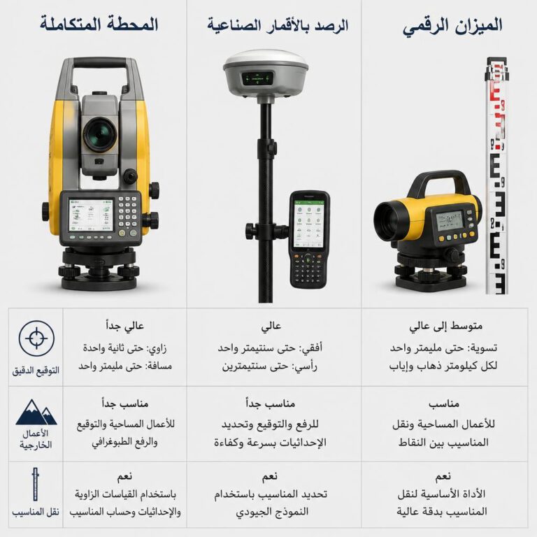 مقارنة أجهزة المحطة المتكاملة وGNSS والميزان الرقمي