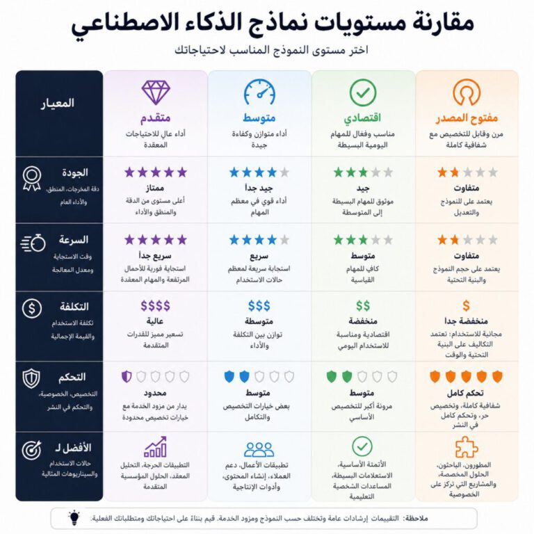 إنفوغرافيك عربي يقارن بين نماذج الذكاء الاصطناعي المتقدمة والمتوسطة والاقتصادية ومفتوحة المصدر من حيث الجودة والسرعة والتكلفة والتحكم وأفضل الاستخدامات.