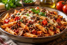 معكرونة باللحم والخضار بصلصة الطماطم