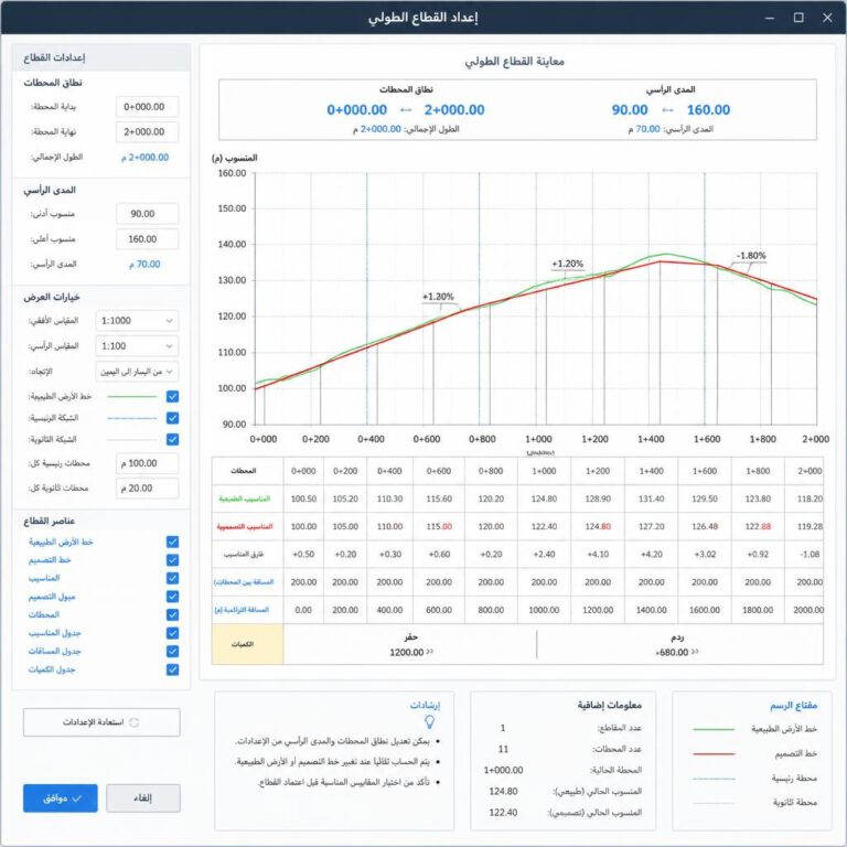 نافذة Profile View تعرض المحطات والمناسيب وخط الأرض الطبيعية