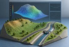 نموذج سطح TIN ثلاثي الأبعاد يوضح تضاريس الأرض وخطوط الكنتور في Civil 3D