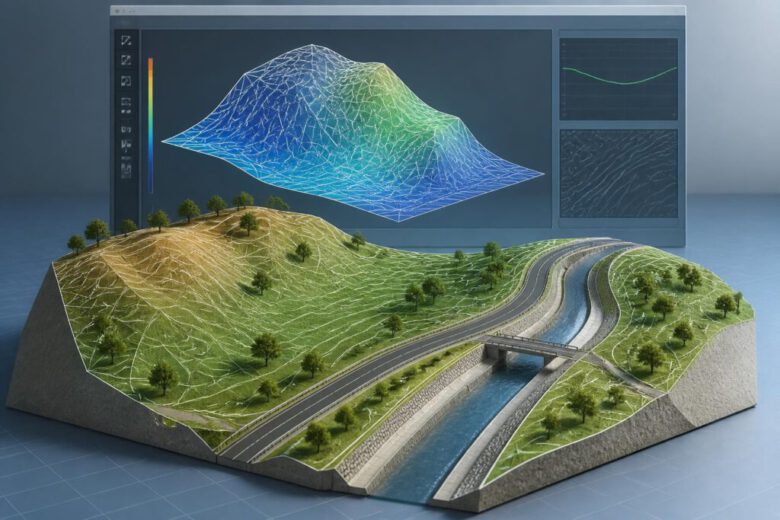 كيفية إنشاء Surface في Civil 3D: دليل عملي احترافي 1 نموذج سطح TIN ثلاثي الأبعاد يوضح تضاريس الأرض وخطوط الكنتور في Civil 3D