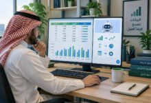 جدول بيانات للمبيعات بجانب مساعد محادثة لإنشاء المعادلات وتحليل النتائج