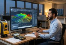 واجهة هندسية تعرض استيراد نقاط رفع مساحي وإنشاء سطح تضاريس في Civil 3D