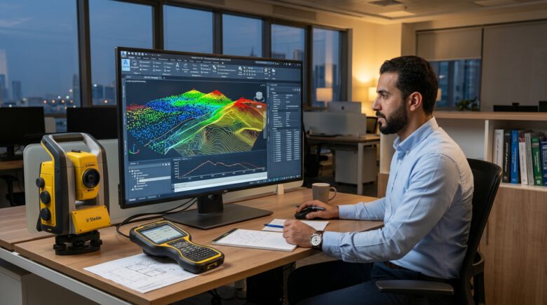واجهة هندسية تعرض استيراد نقاط رفع مساحي وإنشاء سطح تضاريس في Civil 3D