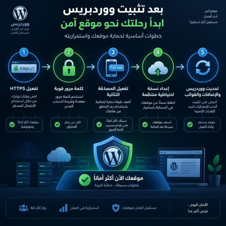 مخطط إعدادات أمان ووردبريس يشمل HTTPS والمصادقة الثنائية والنسخ الاحتياطي