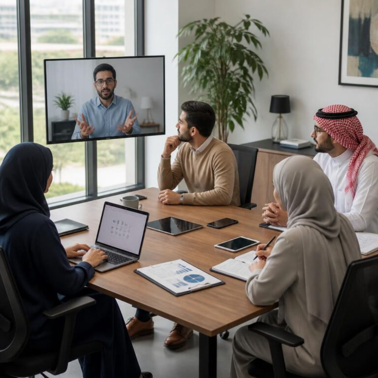 قائد يمارس الإصغاء الفعال خلال اجتماع فريق هجين - تطوير مهارات القيادة الشخصية.