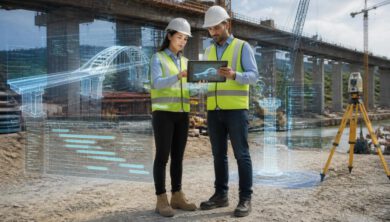 كيف تستخدم الذكاء الاصطناعي في الهندسة المدنية: دليل تقني للمهندسين 3 مهندسان مدنيان يستخدمان نموذجاً رقمياً مدعوماً بالذكاء الاصطناعي في موقع جسر