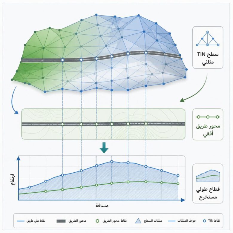 العلاقة بين سطح TIN والمحور الأفقي والقطاع الطولي - كيفية إنشاء Profile في Civil 3D.