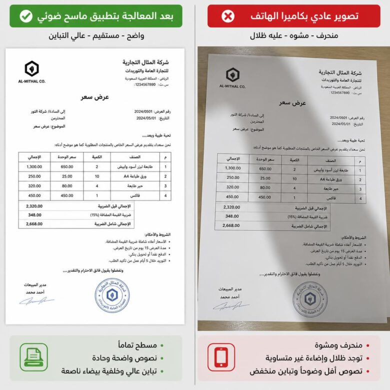 مقارنة تقنية بين استخدام كاميرا الهاتف العادية واستخدام تطبيق ماسح ضوئي متخصص