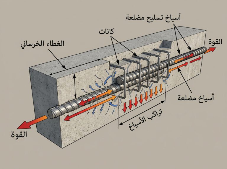 مقطع يوضح انتقال القوى في وصلة تراكب حديد التسليح - كيفية حساب طول التراكب في حديد التسليح.
