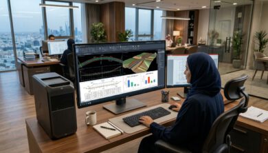 كيفية إنشاء قطاعات عرضية في Civil 3D وحساب الكميات باحترافية وتصدير اللوحات التنفيذية 5 شاشة حاسوب هندسية تعرض تصميم قطاعات عرضية وحساب كميات الحفر والردم في برنامج Civil 3D