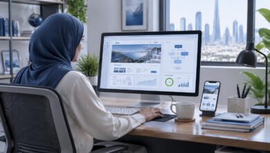 مكتب حديث يعرض تصميم موقع ويب عربي متجاوب وتحليلات الأداء