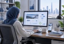 كيفية إنشاء موقع ويب احترافي: دليل شامل من التخطيط إلى الإطلاق 3 مكتب حديث يعرض تصميم موقع ويب عربي متجاوب وتحليلات الأداء