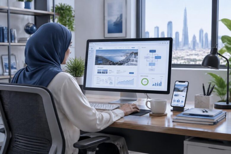 مكتب حديث يعرض تصميم موقع ويب عربي متجاوب وتحليلات الأداء